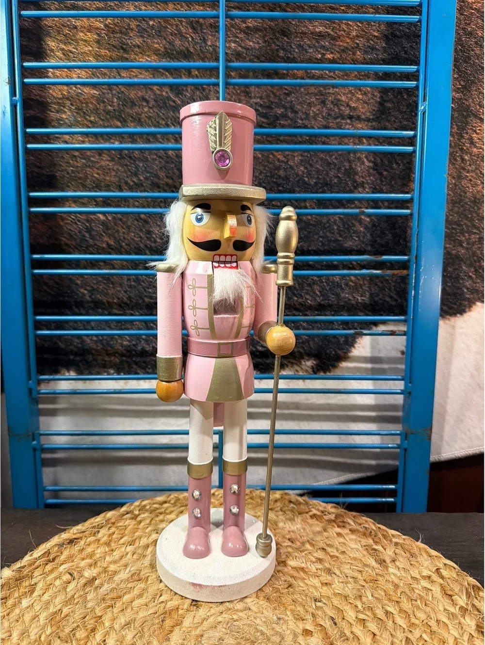 Pink and Gold Wooden Nutcracker Figurine with Staff